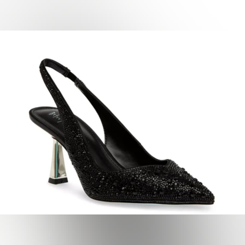 NWT Betsey Johnson Rhinestone Black Gold Sling back Metalic Heel Pump 6.5